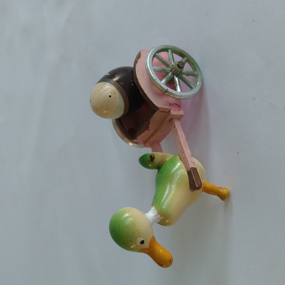 Vtg WOOD Spain GOULA Bunny Rabbit Egg CART Ornament EASTER Figure Pink